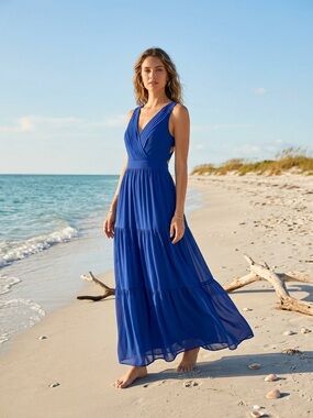 Charming Charlie Royal Blue V-Neck Tiered Maxi Dress
